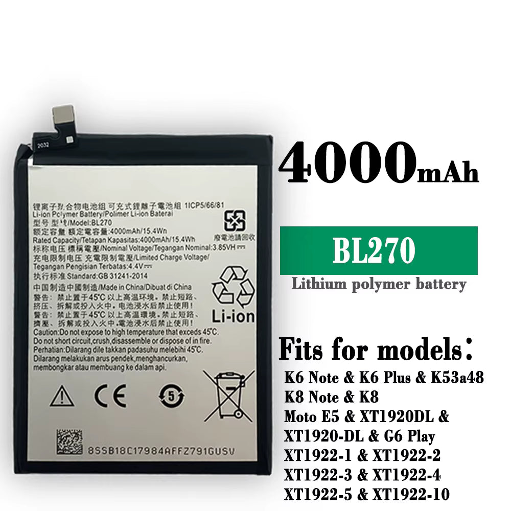 Batterie de remplacement pour Motorola Moto G6 Play / E5 / Lenovo Vibe K6 Plus / G Plus / G5 Plus, BL270 Batterie de remplacement pour Motorola Moto G6 Play / E5 / Lenovo Vibe K6 Plus / G Plus / G5 Plus, BL270